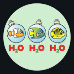 Scubadorable H2O H2O H2O Classic Round Sticker<br><div class="desc">Celebrate Christmas with this stylish, cute holiday scuba- and fish- themed design from Scubadorable! A Clownfish, Angelfish and Butterflyfish appear in blue glass Christmas tree ball ornaments along with the text H20 H2O H2O in festive red and green. A perfect design for scuba divers and fish lovers during the holidays!...</div>