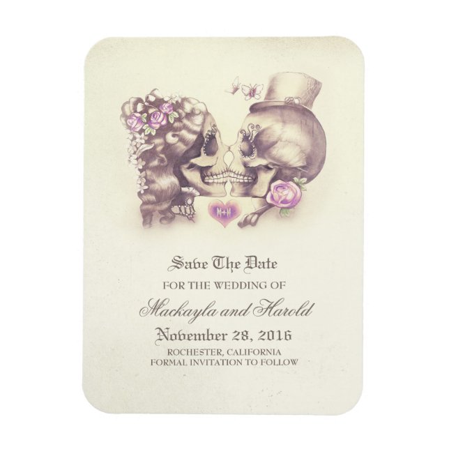 Scull couple Day of the Dead Save the Date Magnet (Vertical)
