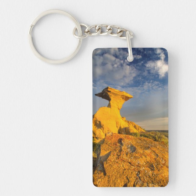 Sculpted Badlands Formation In Short Grass Keychain (Front)