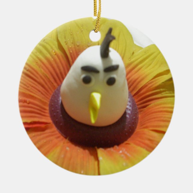 Sculpted Bird in Sunflower Art Print Ceramic Ornament (Front)