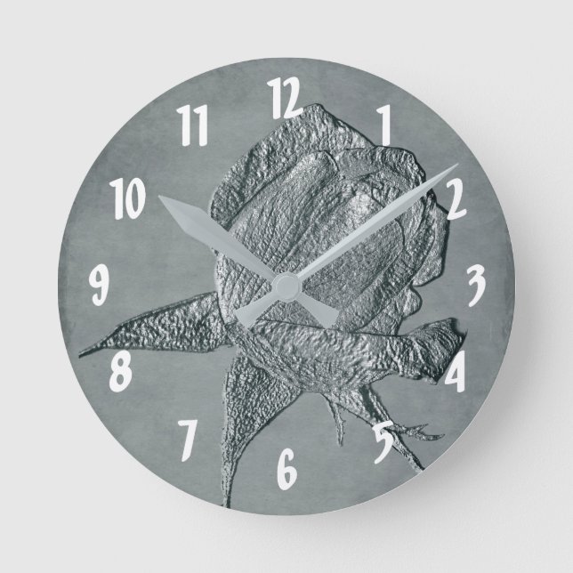 Sculpted Rose In Gray Flower Art Round Clock (Front)