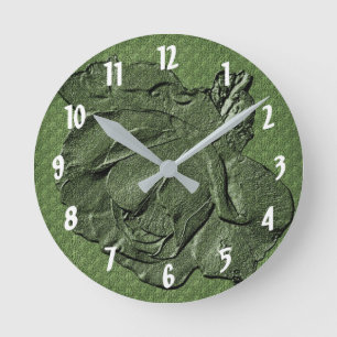 Sculpted Rose In Green Flower Art Round Clock