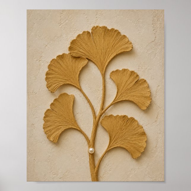 Sculptural Gold Ginkgo Leaf Wall Art Poster (Front)