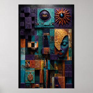 Sculptural Mosaic Oracle Wall - 3D Purple Teal Poster