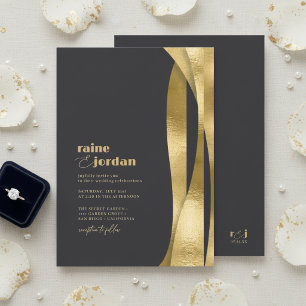 Sculptural Waves Wedding Gold Matte Black ID1312 Invitation