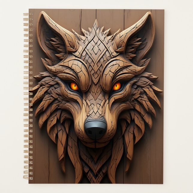 Sculpture de loup en bois d'art avec motifs géomét (Devant)