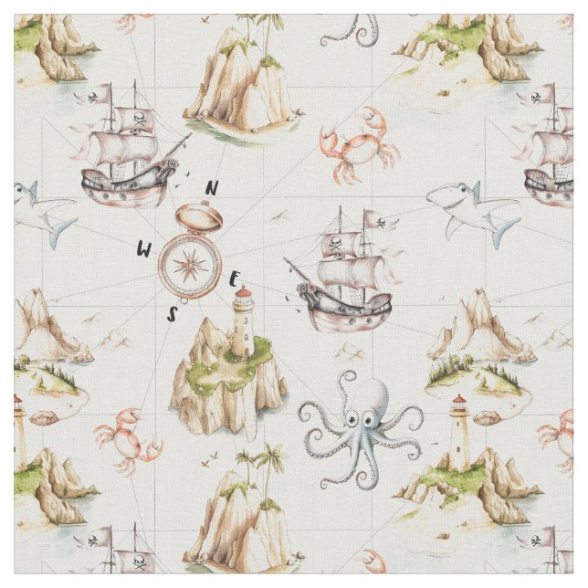 Sea adventure Treasure Map compass  Fabric (Close Up)