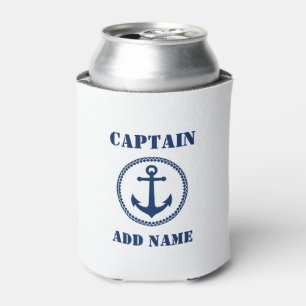 Sea Anchor Captain Name or Boat Navy Blue & White Can Cooler