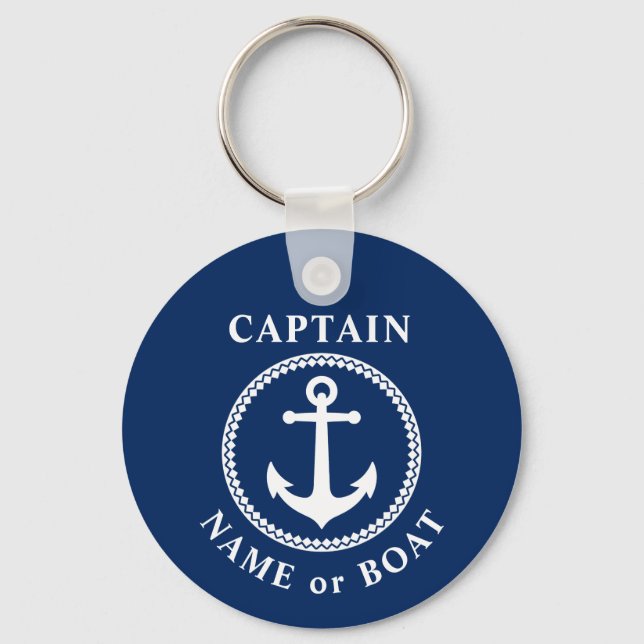 Sea Anchor Captain Name or Boat Photo Back Navy Keychain (Front)