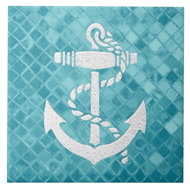 Sea Anchor on Aqua Sea Glass Pattern Tile (Front)