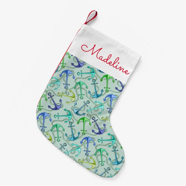 Sea Anchors And Rope Pattern | Add Your Name Small Christmas Stocking (Front (Hanging))