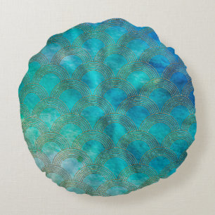 Sea and Mermaid Scales in aqua and gold Round Pillow