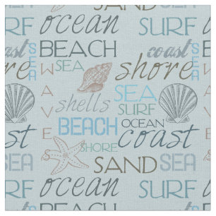 Sea and Surf Beach Typography and Shells Fabric