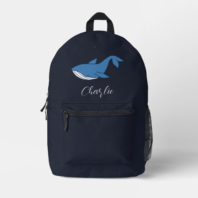 Sea Animal Blue Whale Script Monogram Custom Printed Backpack (Front)