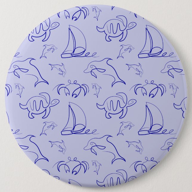 Sea animals and sailboat one line drawing pattern  6 inch round button (Front)