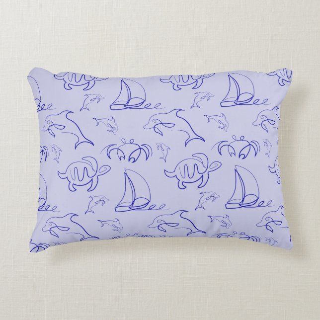 Sea animals and sailboat one line drawing pattern  accent pillow (Front)