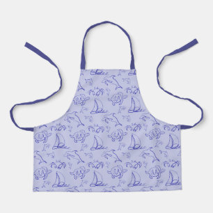 Sea animals and sailboat one line drawing pattern apron