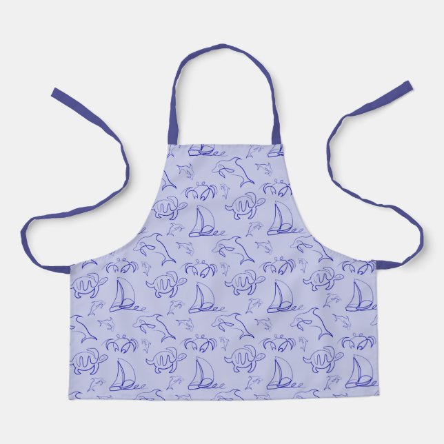 Sea animals and sailboat one line drawing pattern  apron (Front)