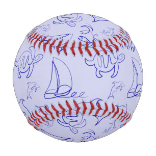 Sea animals and sailboat one line drawing pattern baseball