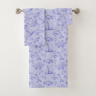 Sea animals and sailboat one line drawing pattern  bath towel set