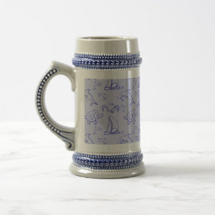 Sea animals and sailboat one line drawing pattern beer stein