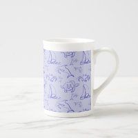 Sea animals and sailboat one line drawing pattern