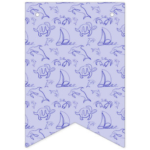Sea animals and sailboat one line drawing pattern  bunting flags