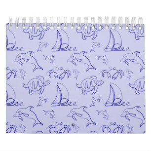 Sea animals and sailboat one line drawing pattern calendar