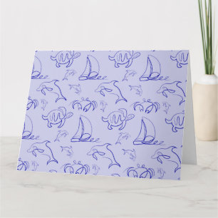 Sea animals and sailboat one line drawing pattern card