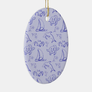 Sea animals and sailboat one line drawing pattern ceramic ornament