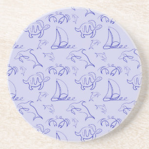 Sea animals and sailboat one line drawing pattern coaster