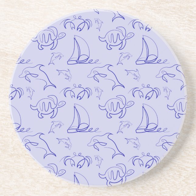 Sea animals and sailboat one line drawing pattern  coaster (Front)