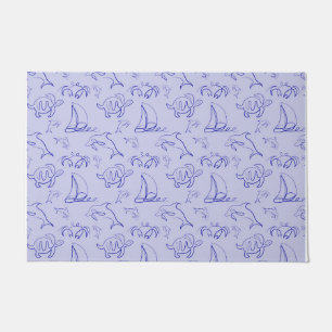 Sea animals and sailboat one line drawing pattern doormat