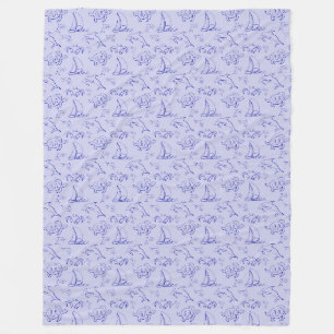 Sea animals and sailboat one line drawing pattern fleece blanket