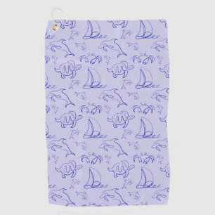 Sea animals and sailboat one line drawing pattern  golf towel