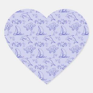 Sea animals and sailboat one line drawing pattern  heart sticker