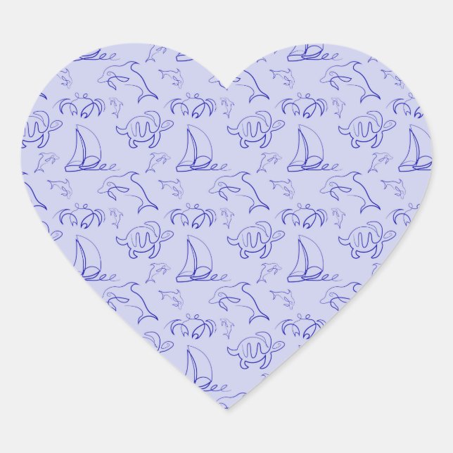 Sea animals and sailboat one line drawing pattern  heart sticker (Front)