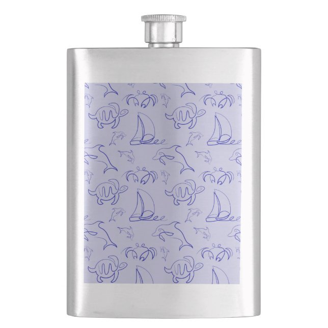Sea animals and sailboat one line drawing pattern  hip flask (Front)