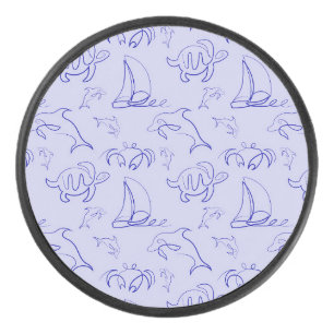 Sea animals and sailboat one line drawing pattern  hockey puck