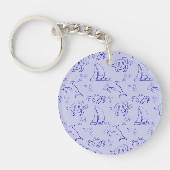 Sea animals and sailboat one line drawing pattern  keychain (Front)