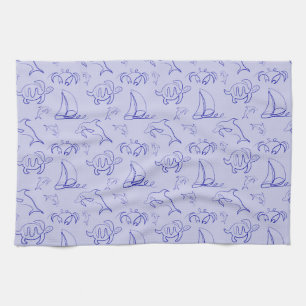 Sea animals and sailboat one line drawing pattern  kitchen towel