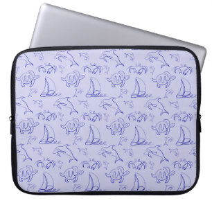 Sea animals and sailboat one line drawing pattern laptop sleeve