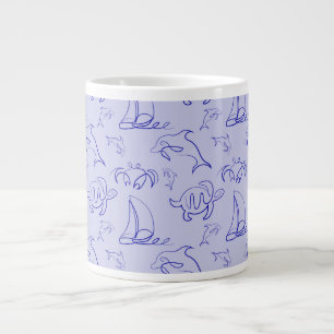 Sea animals and sailboat one line drawing pattern  large coffee mug