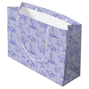 Sea animals and sailboat one line drawing pattern  large gift bag