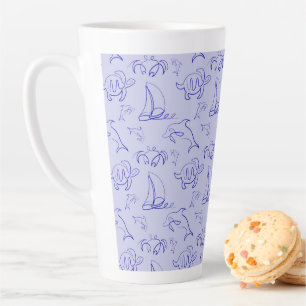 Sea animals and sailboat one line drawing pattern latte mug