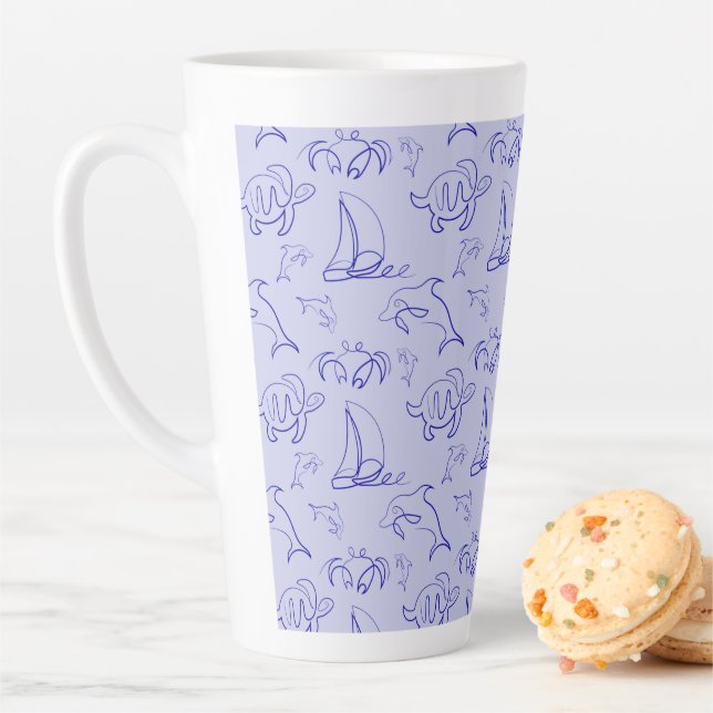 Sea animals and sailboat one line drawing pattern  latte mug (In Situ)