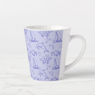 Sea animals and sailboat one line drawing pattern latte mug