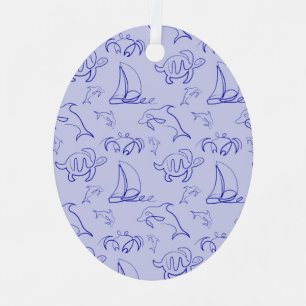 Sea animals and sailboat one line drawing pattern  metal ornament