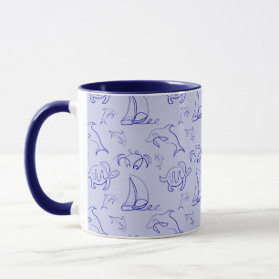 Sea animals and sailboat one line drawing pattern  mug