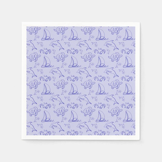 Sea animals and sailboat one line drawing pattern  napkin (Front)